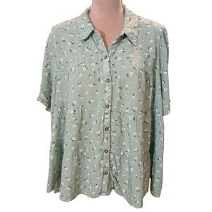 Moa Moa Women's 3X Mint Green Floral Tiered Button Front Short Sleeve Shirt